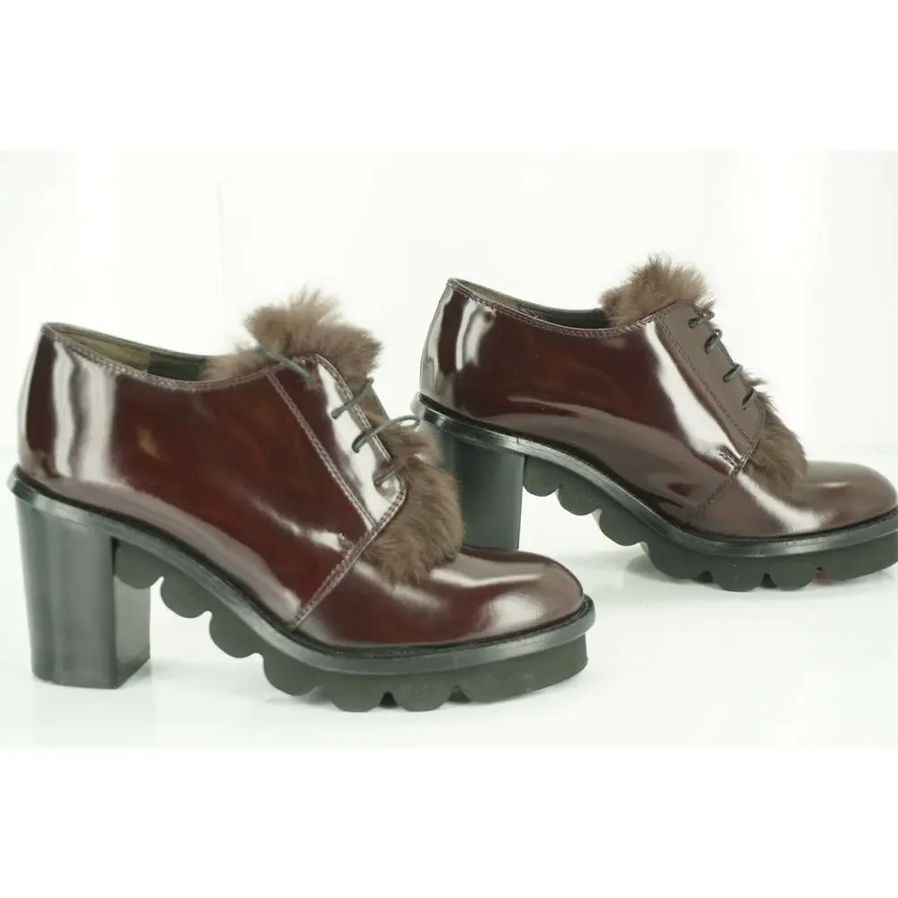 Attilio Giusti Leombruni Leather Rolo Fur Trim Oxford Heel Pumps Size 35 AGL NIB